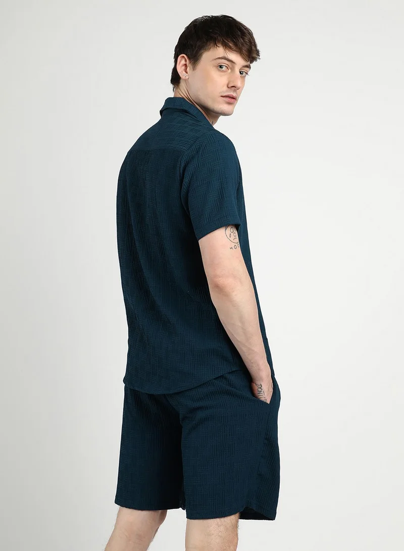 Campus Sutra  Men's Navy Blue Textured Interwine Co-Ord Set For Casual Wear | Cuban Collar | Short Sleeve | Button Closure | Co-Ords Crafted With Comfort Fit For Everyday Wear for Men | Best Price UAE